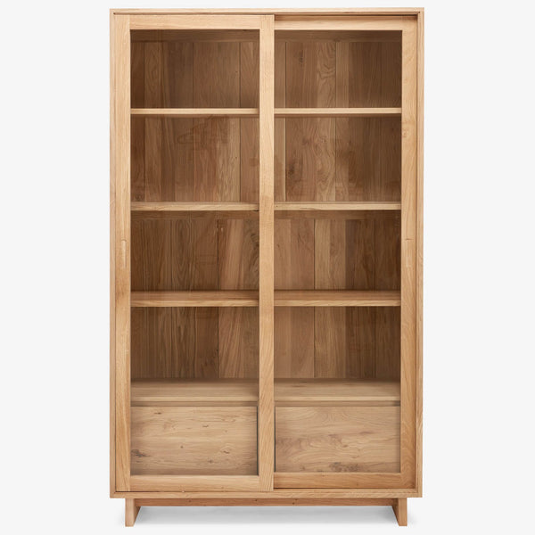 Minimalist wooden bookcase with empty shelves, perfect for storage and organization.