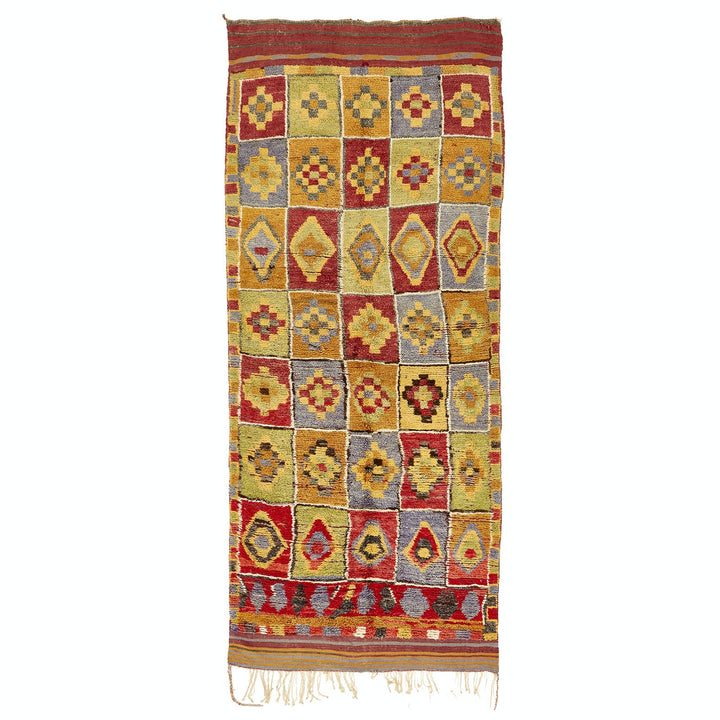 Colorful geometric rug with intricate woven patterns and fringe detail.