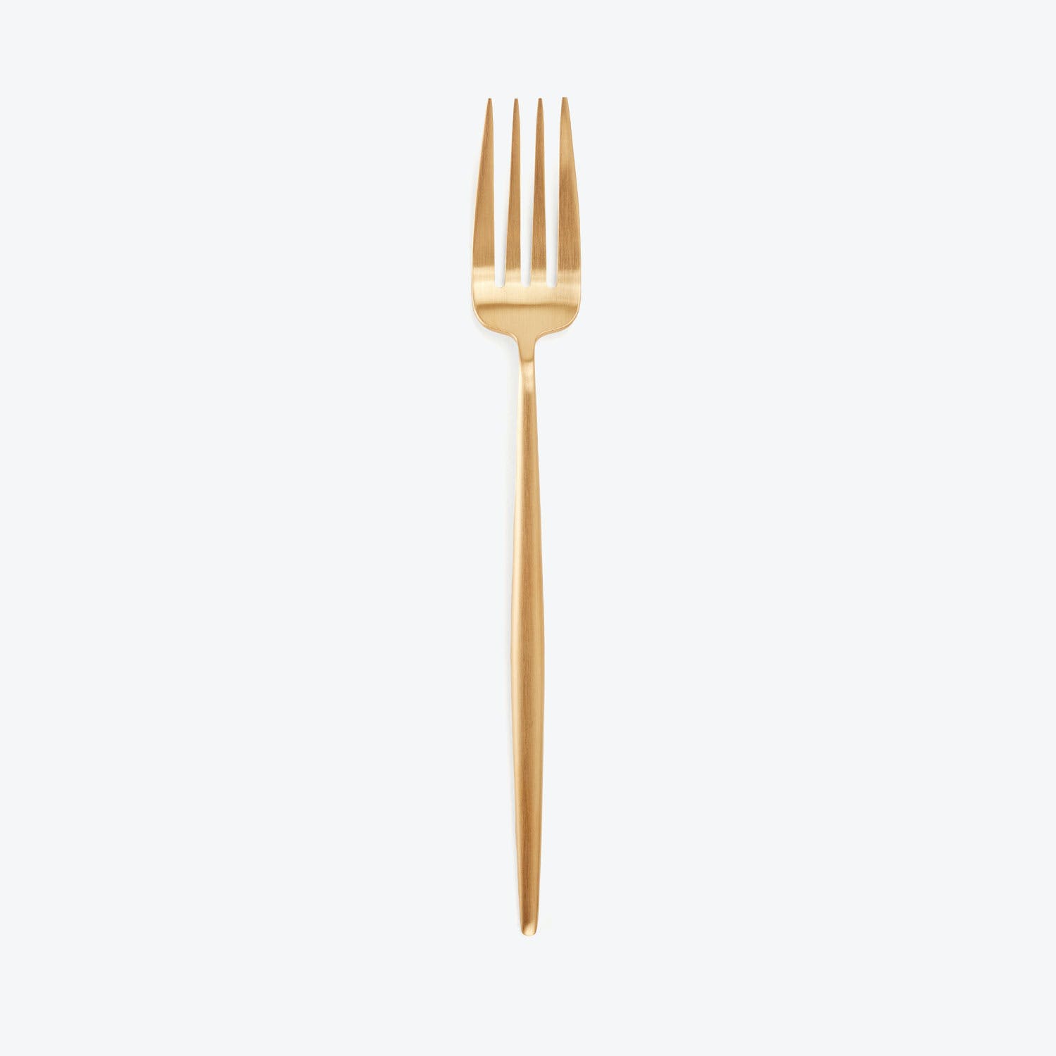 Gold fork with four tines and sleek handle on white background.
