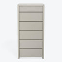 Contemporary, minimalist gray chest of drawers with hidden handle design.