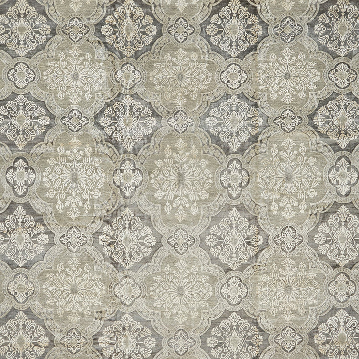 Ornate, symmetrical floral motifs in a monochromatic, baroque-inspired design.