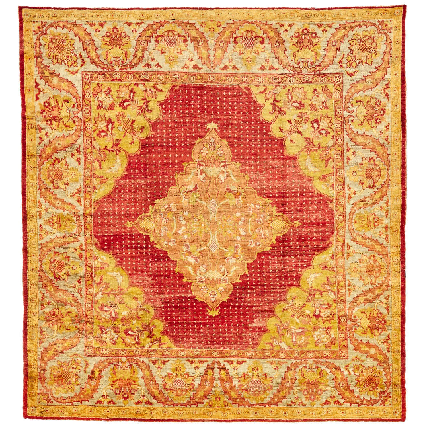 Exquisite Persian carpet with intricate designs in rich red tones.