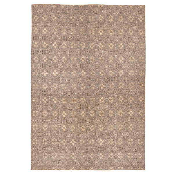 Intricately designed rectangular area rug featuring neutral tones and motifs.