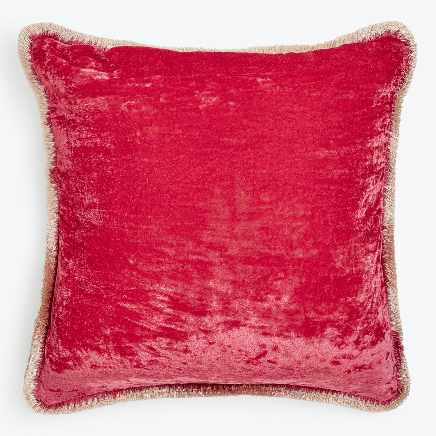 Luxurious red velvet throw pillow with gold flange accent.