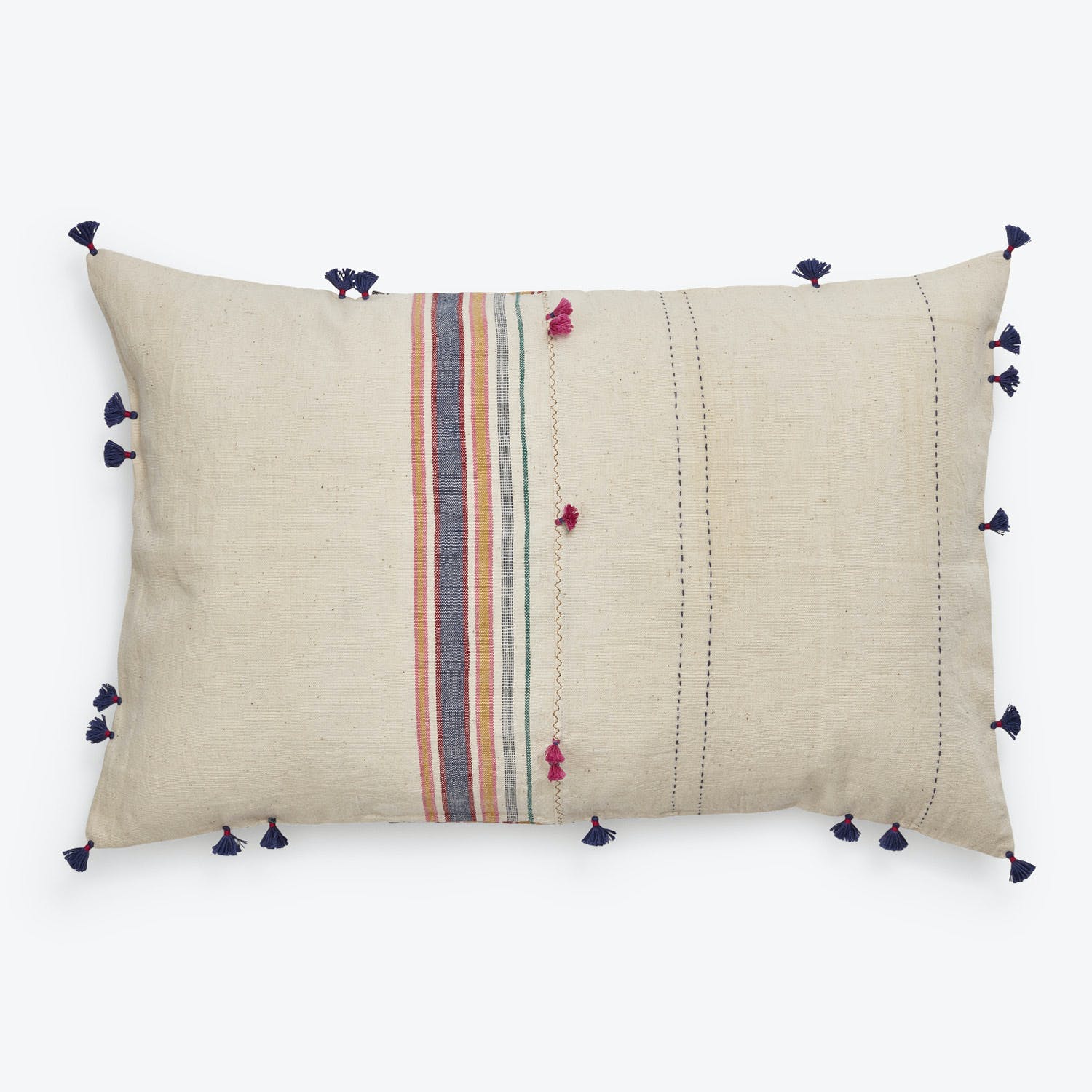 Rectangular decorative pillow with colorful vertical stripe pattern and tassel accents.
