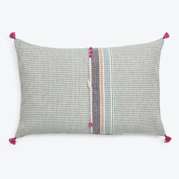 Decorative woven cushion with textured design, featuring asymmetrical stripe detail.