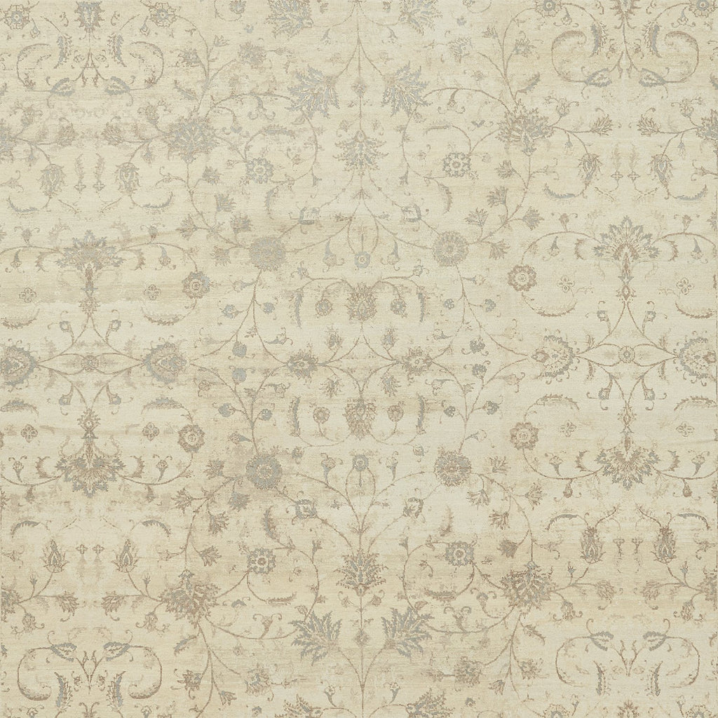Vintage-inspired fabric or wallpaper with intricate floral motifs and symmetrical arrangement.