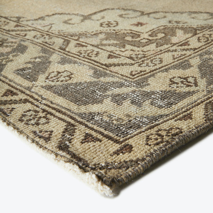 Close-up of a traditional area rug with floral and geometric motifs.