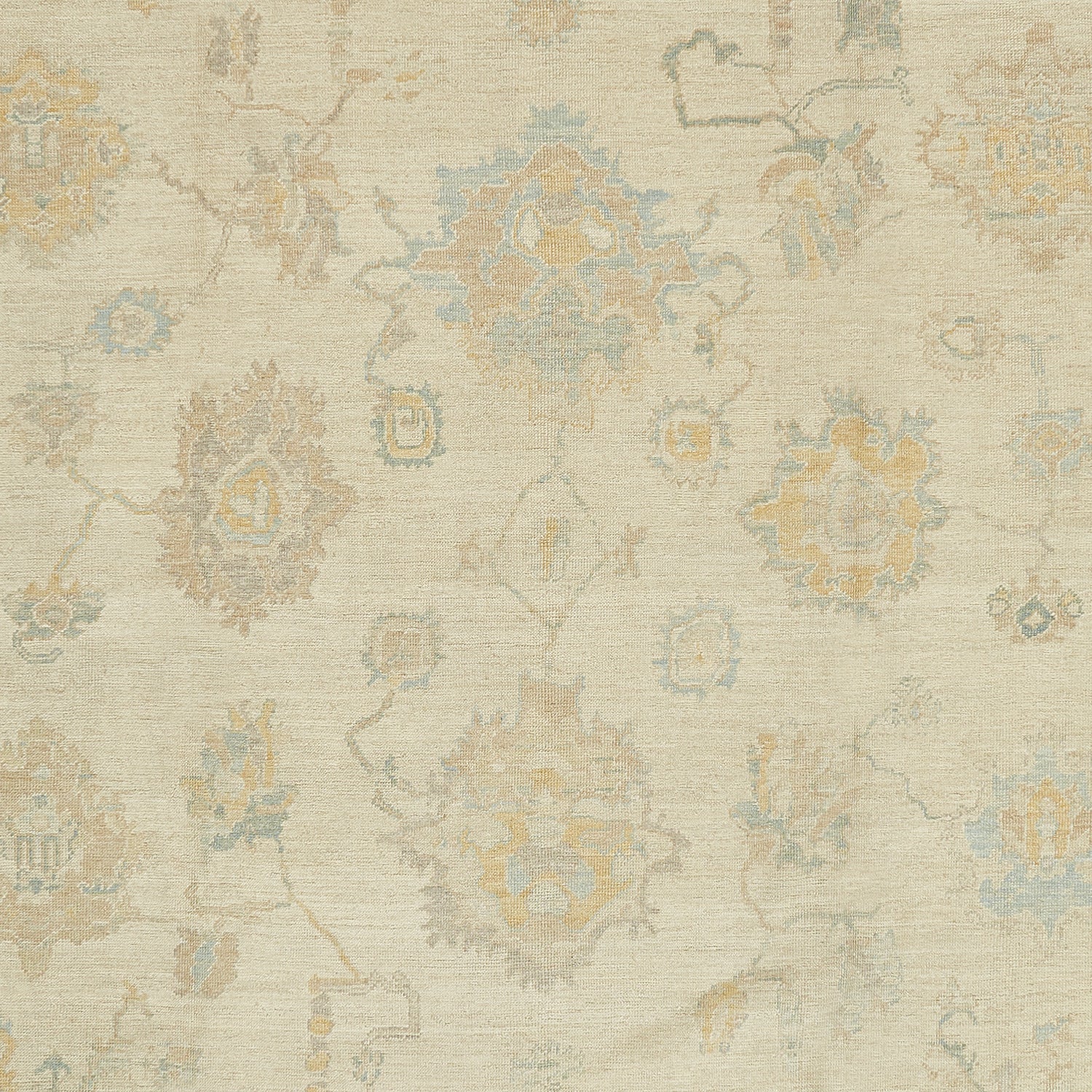 Traditional rug with intricate design in muted beige and blue.