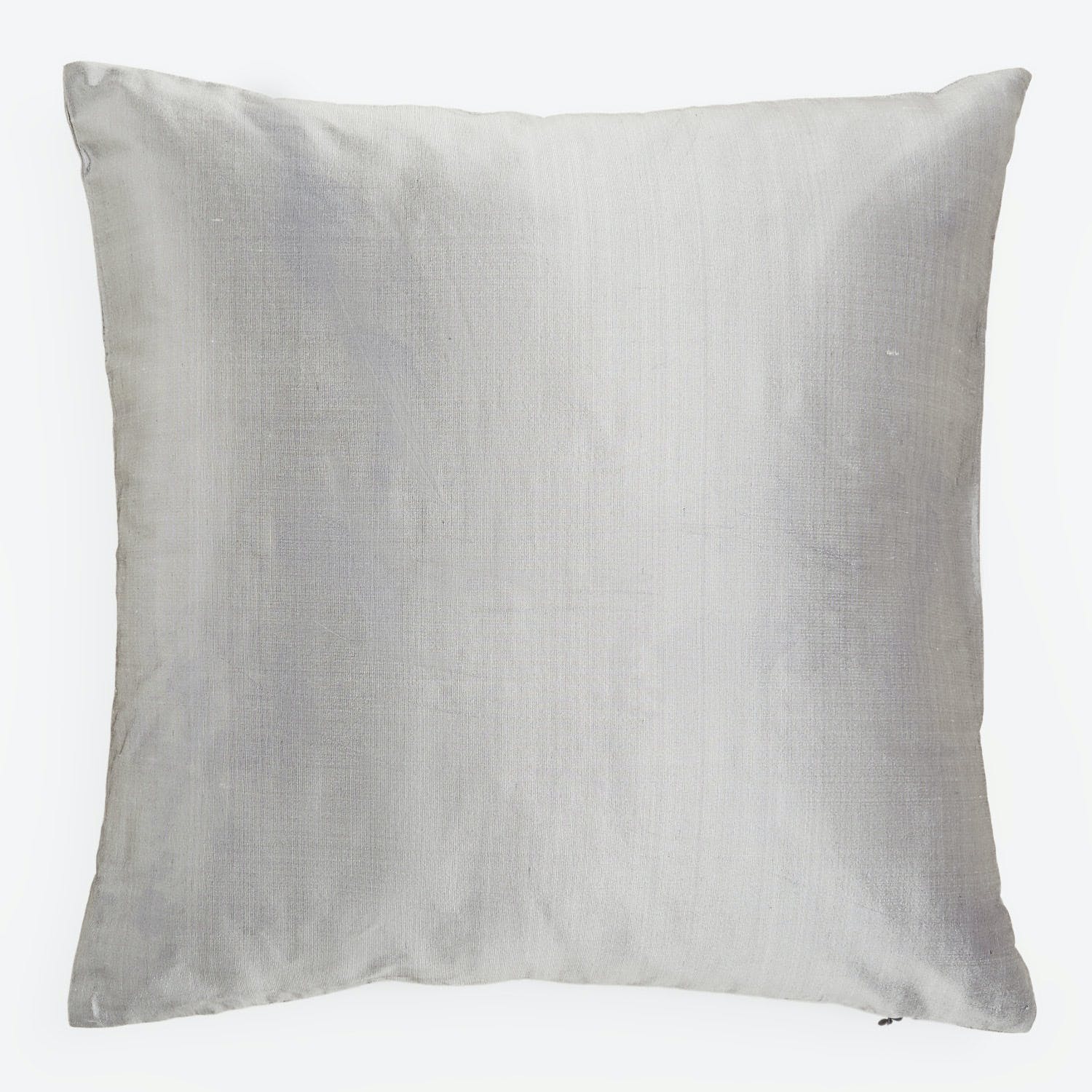 Plain silver square pillow with removable cover, slight mottled texture.