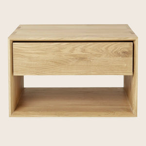 Modern wooden nightstand with minimalist design and push-to-open drawer.