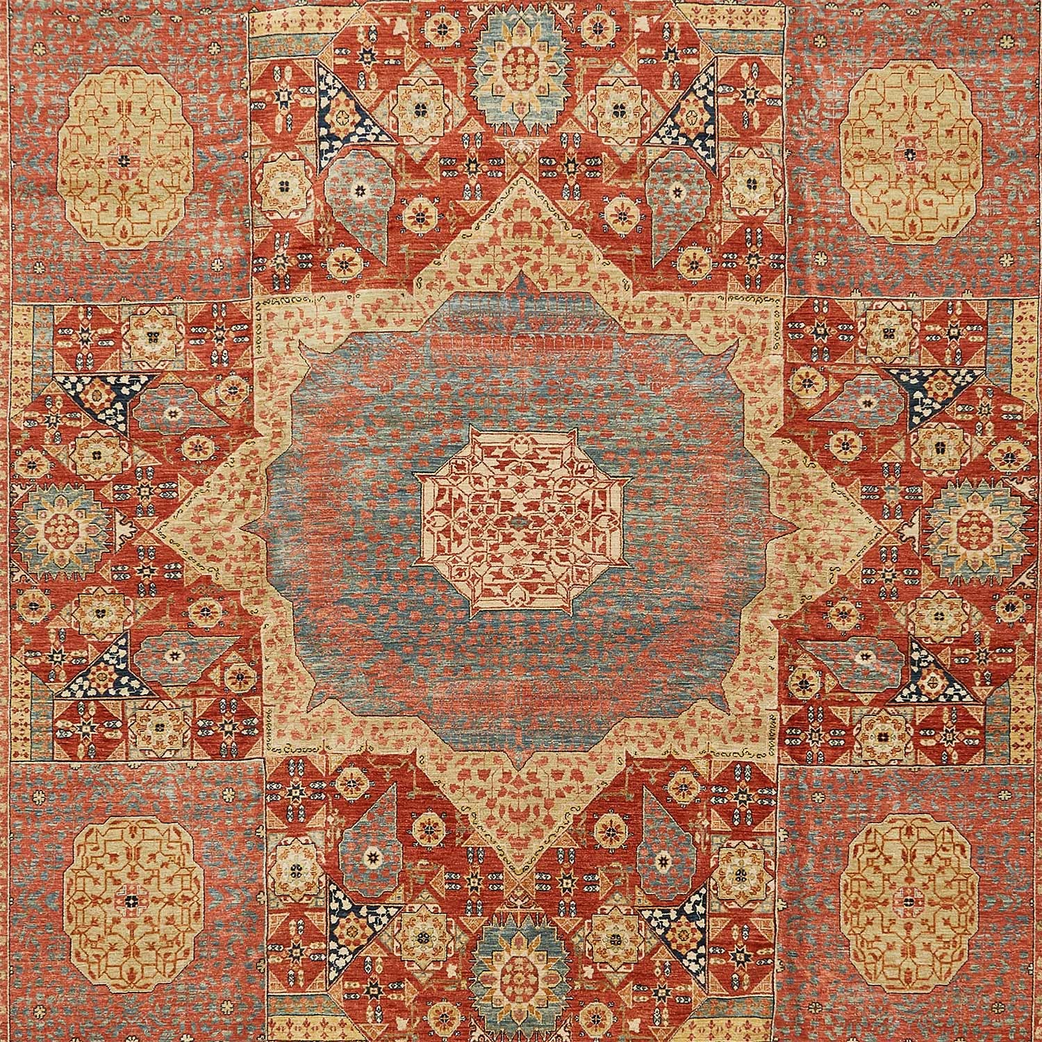Exquisite symmetrical oriental carpet with intricate patterns and vibrant colors.
