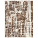 Modern rectangular rug with distressed abstract pattern in brown and beige.