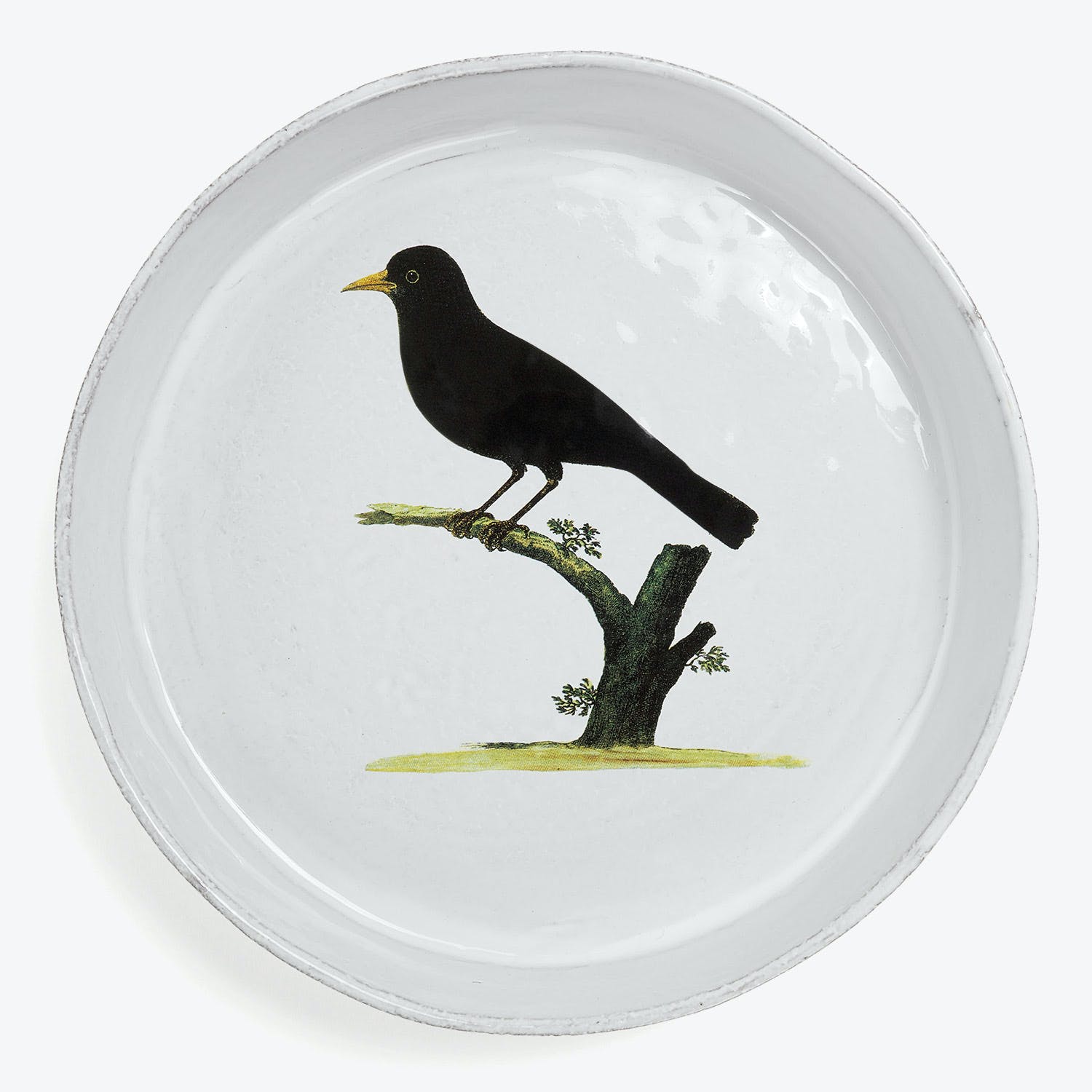 Handmade plate with minimalist design of a black bird perched on a tree branch.