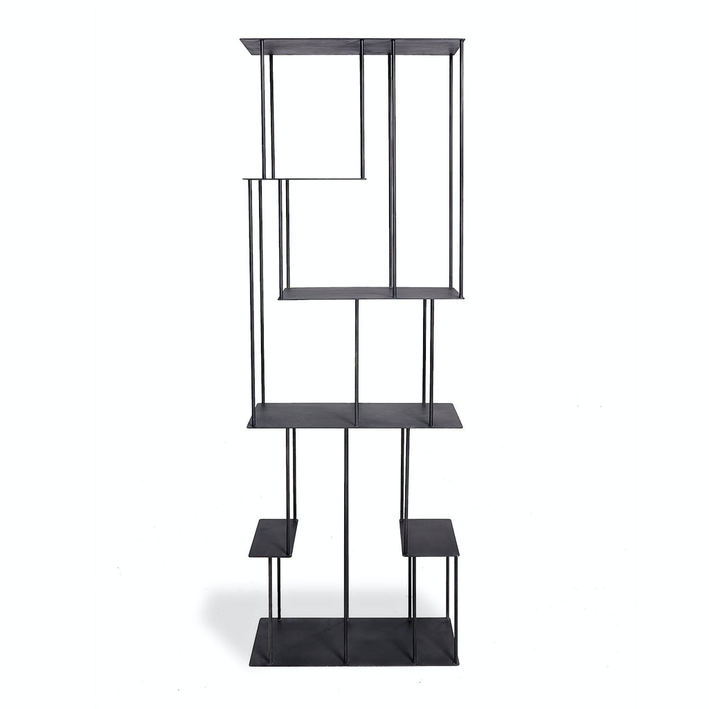 Sleek and asymmetrical modern shelving unit provides functional and stylish storage.
