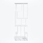 Minimalist white bookshelf with asymmetrical design adds contemporary flair.