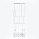 Minimalist white bookshelf with asymmetrical design adds contemporary flair.