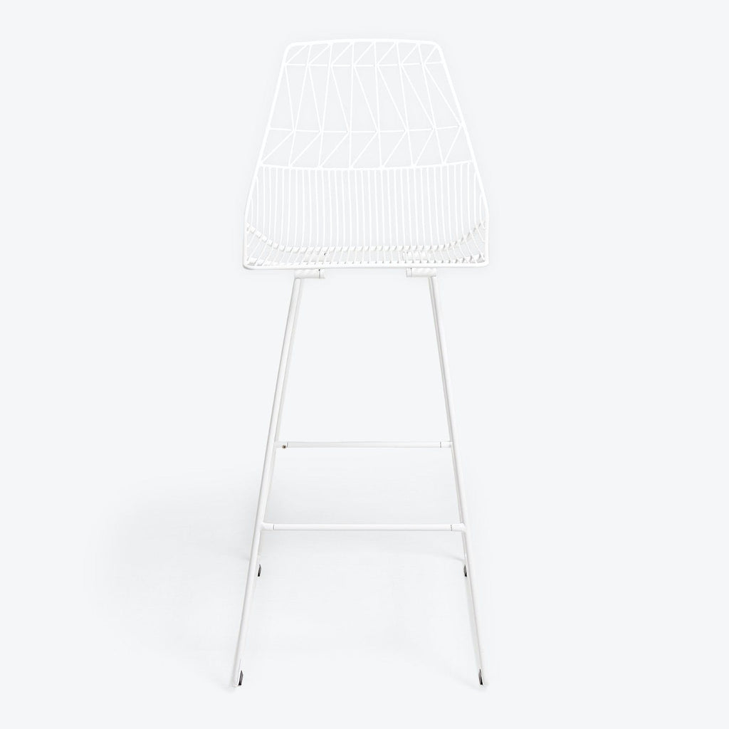 Minimalist white chair with geometric pattern and sleek metal frame.