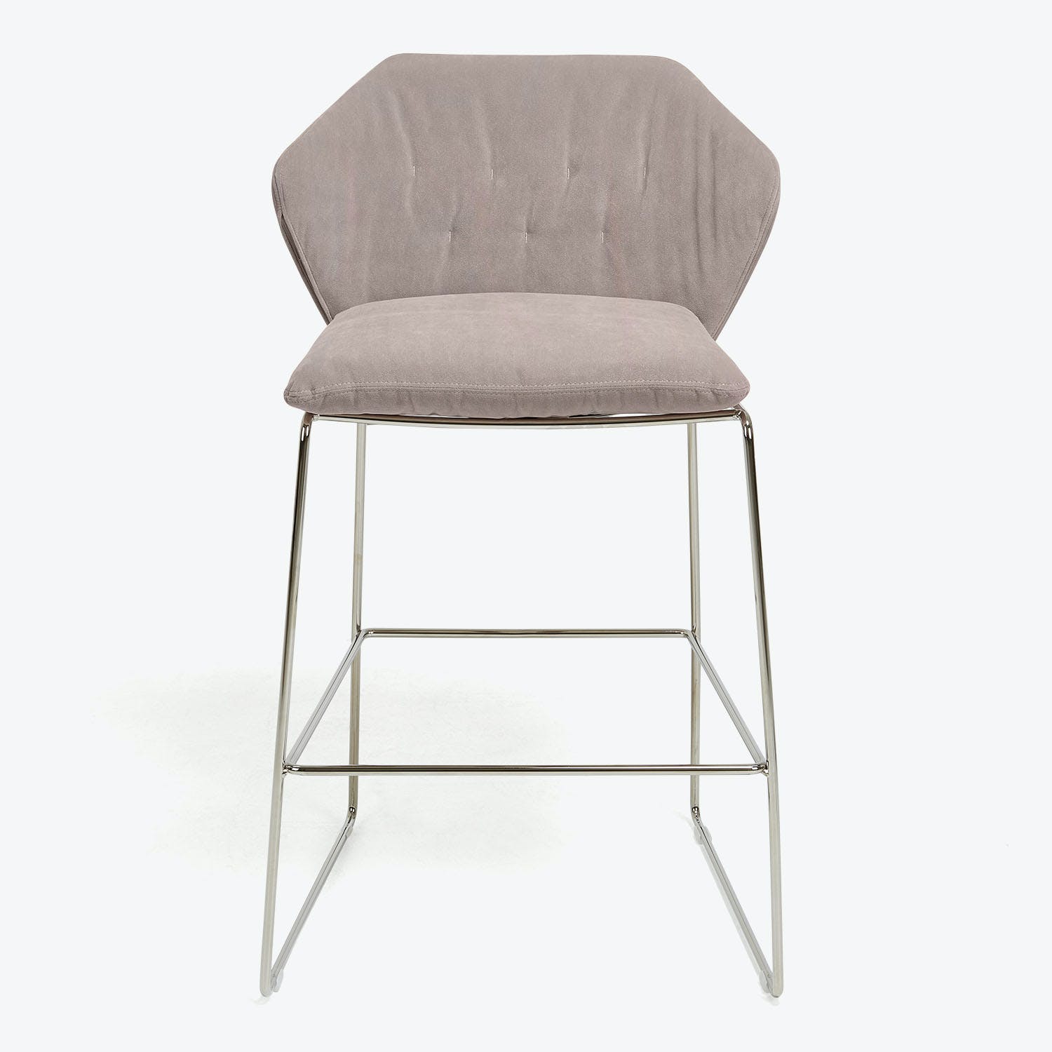 Modern bar stool with chrome frame and cushioned gray upholstery.
