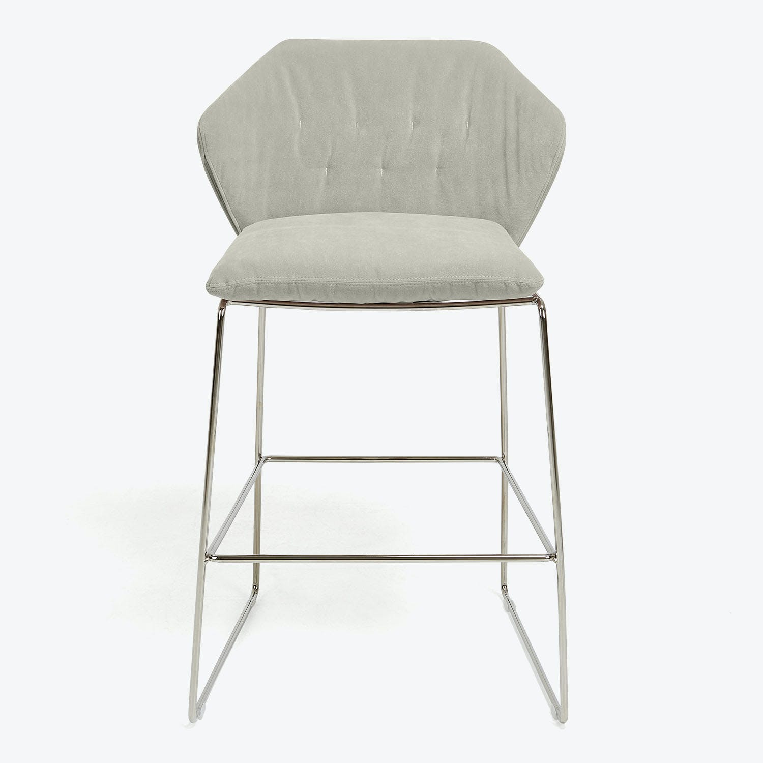 Modern bar stool with light grey upholstery and elegant design.