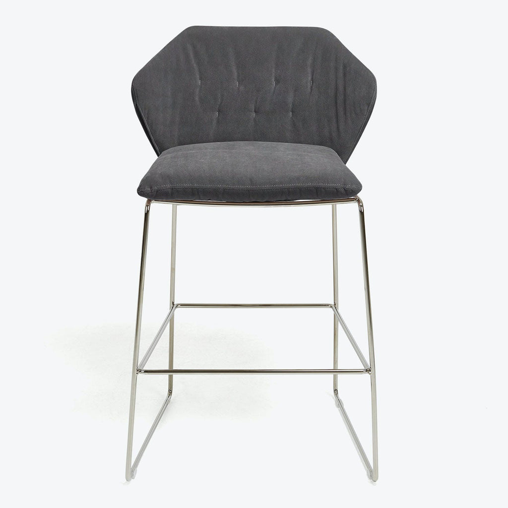 Sleek and contemporary bar stool with dark gray upholstery.