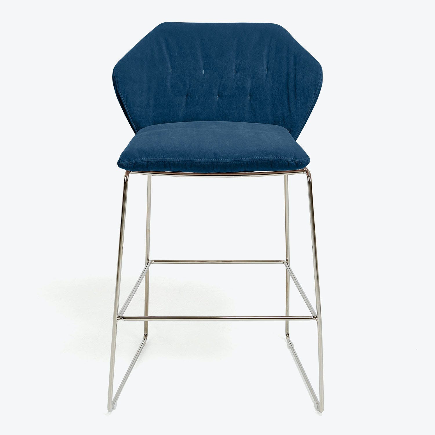 Contemporary bar stool with blue upholstery and chrome frame.