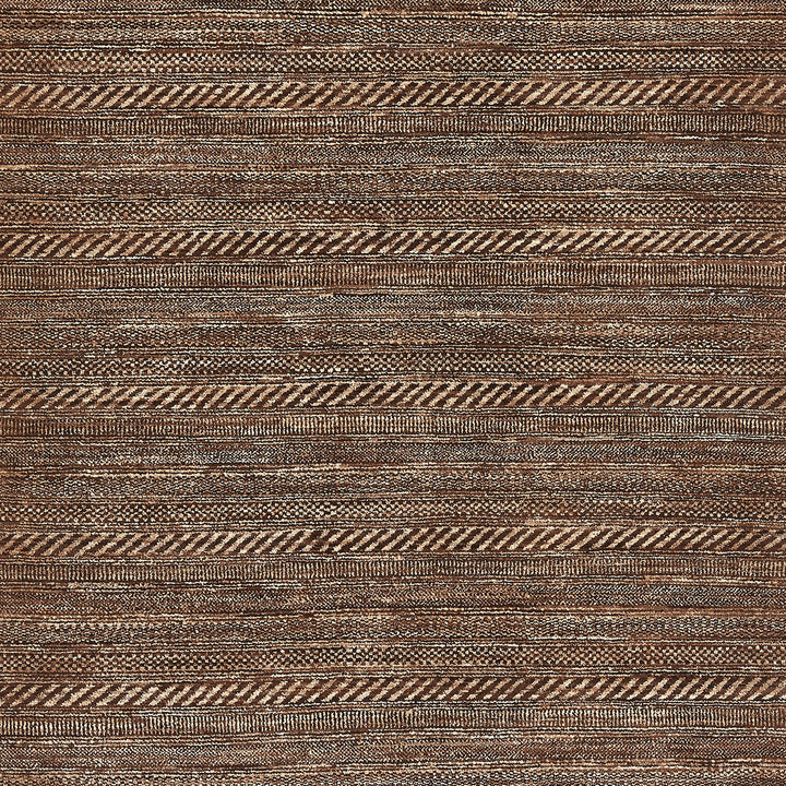 Patterned fabric with intricate earth-toned horizontal stripes in various designs.