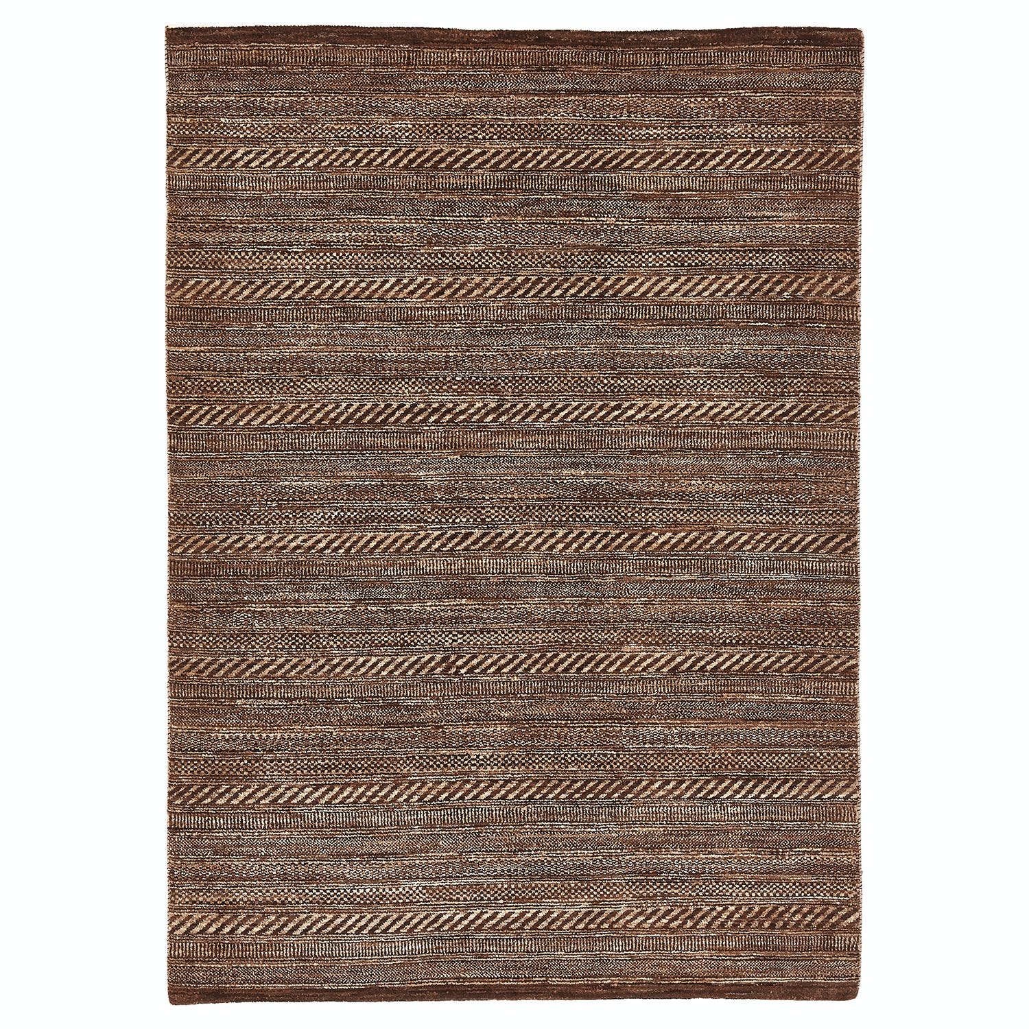 Rectangular rug with alternating dense and textured striped pattern.