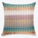 Square decorative pillow with vibrant multicolored chevron pattern on white background.
