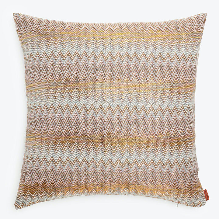 Square decorative pillow with vibrant chevron pattern in various colors.