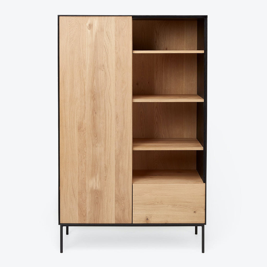 Modern wooden cabinet with contrasting finishes and minimalist design.