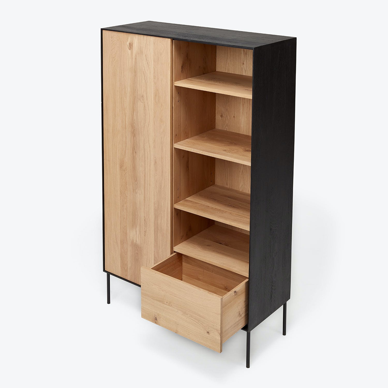 Modern wooden storage cabinet with two-tone design and sleek legs.