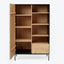 Modern wooden wardrobe with open doors showcases sleek minimalistic design.