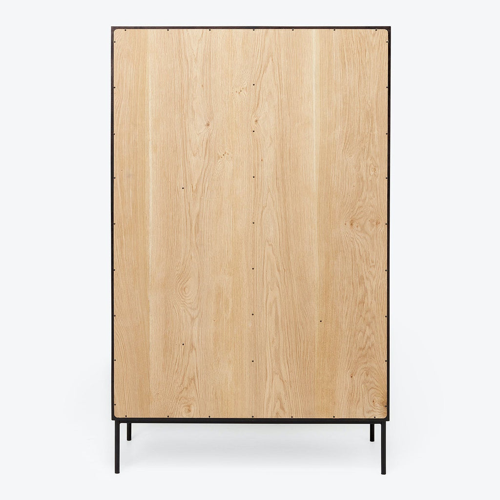 Minimalist oak cabinet with sleek metal frame exudes modern elegance.