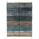 Handwoven wool rug with gradient stripes in shades of blue.