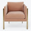 Modern armchair with sleek design, velvet upholstery and metallic legs.
