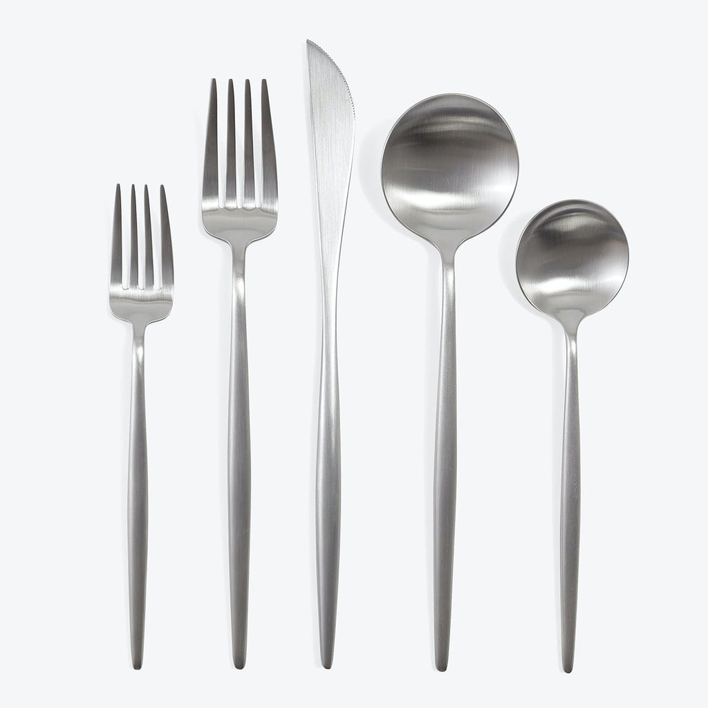 Set of five silver flatware utensils: two forks, one knife, two spoons.