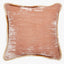 A vintage-style pink cushion with a golden-brown fringe detail.