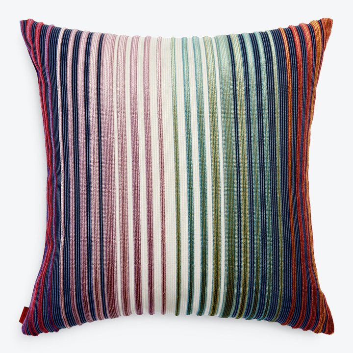 Colorful decorative pillow with textured cover showcasing various vibrant stripes.