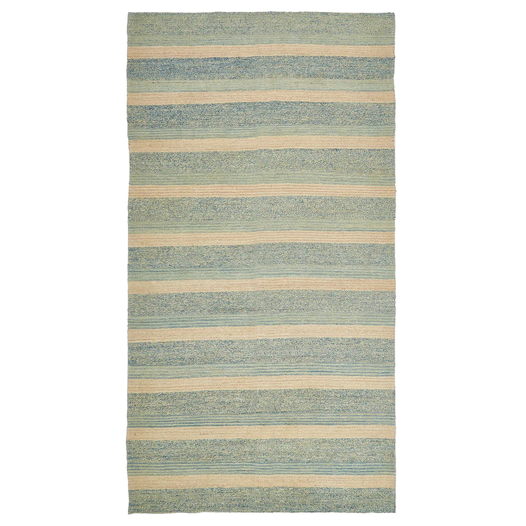 Flatweave rug with horizontal stripes in muted green, blue, beige.