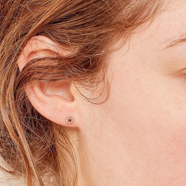Close-up of person's earlobe with gold earring and gemstone.