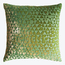 Square decorative pillow with tessellated triangle pattern in shades of green and gold accents, against a white background.