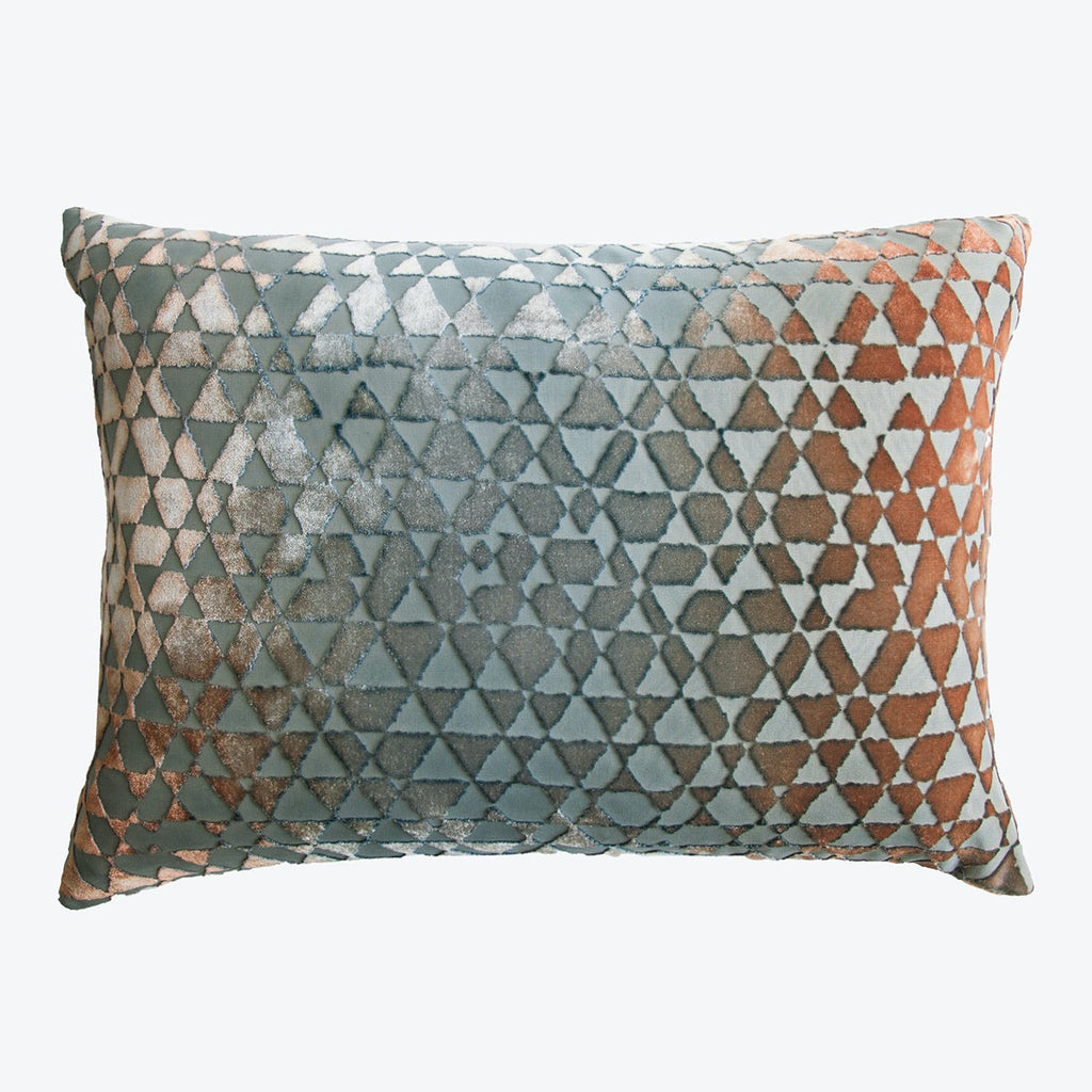 Rectangular cushion with ombre diamond pattern in silver to rust.