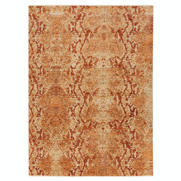 Rectangular rug with intricate brown and orange symmetrical pattern design.