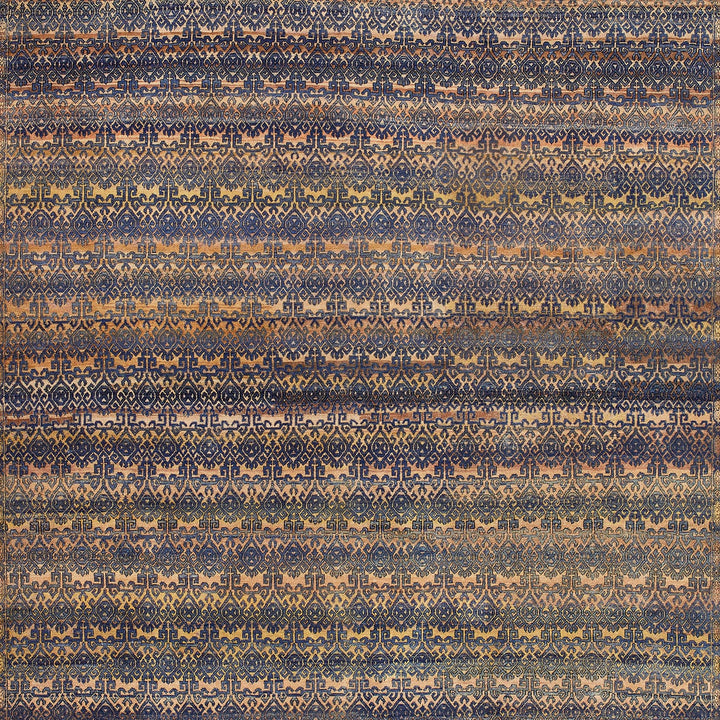 Ornate handwoven rug with Middle Eastern or South Asian motifs.