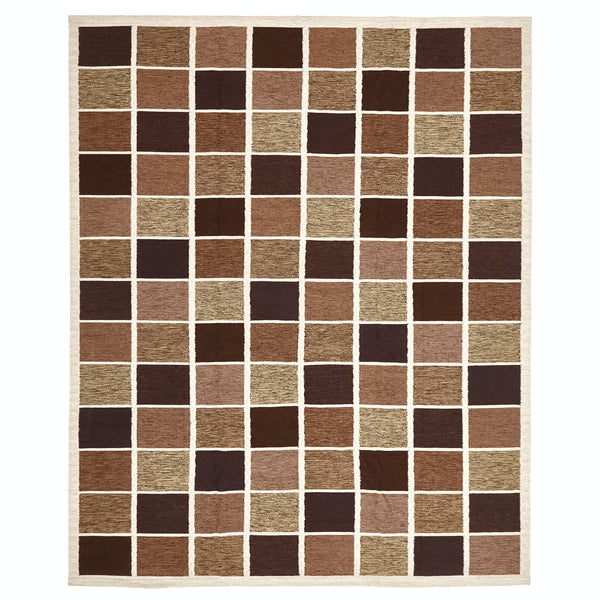Rectangular beige and brown checkerboard rug with clean white border.