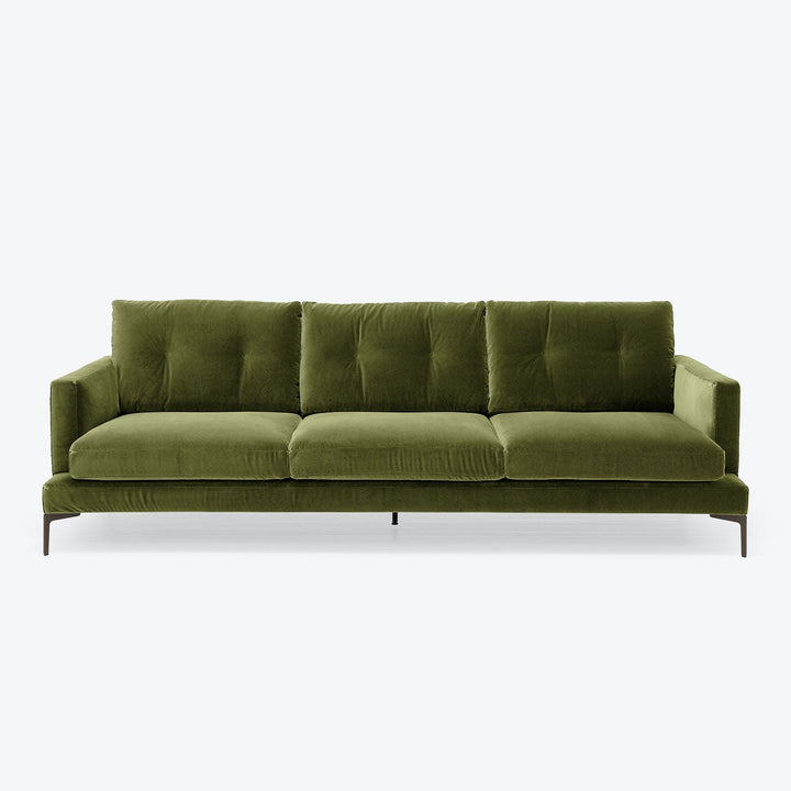 Modern olive green sofa with plush cushions and sleek design.