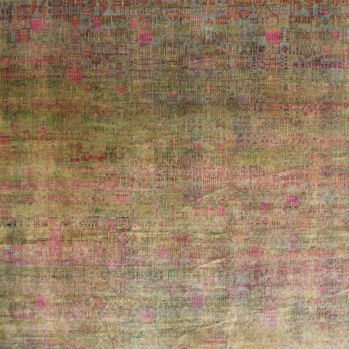 Intricate and vibrant geometric patterned textile with vintage aesthetic.