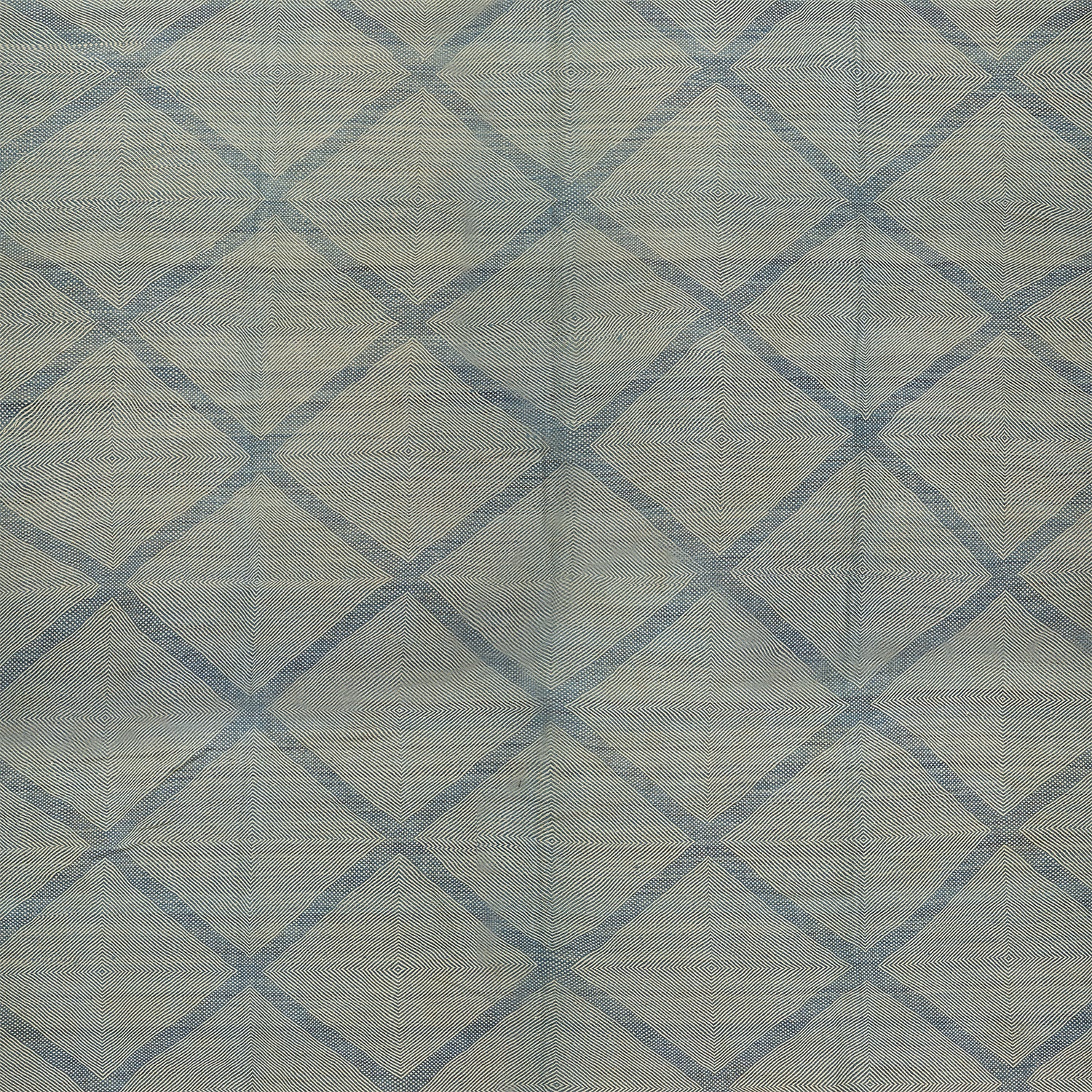 Geometric lattice patterned fabric in muted blue and grey shades.