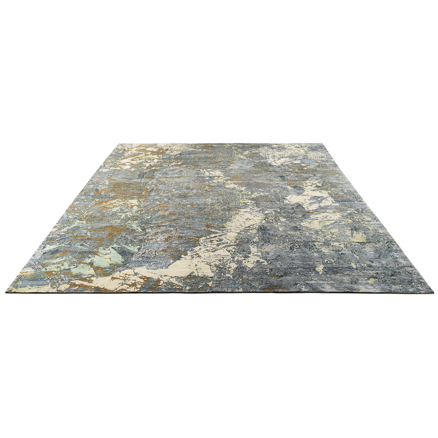 Abstract distressed rug with modern rustic aesthetic in various colors.